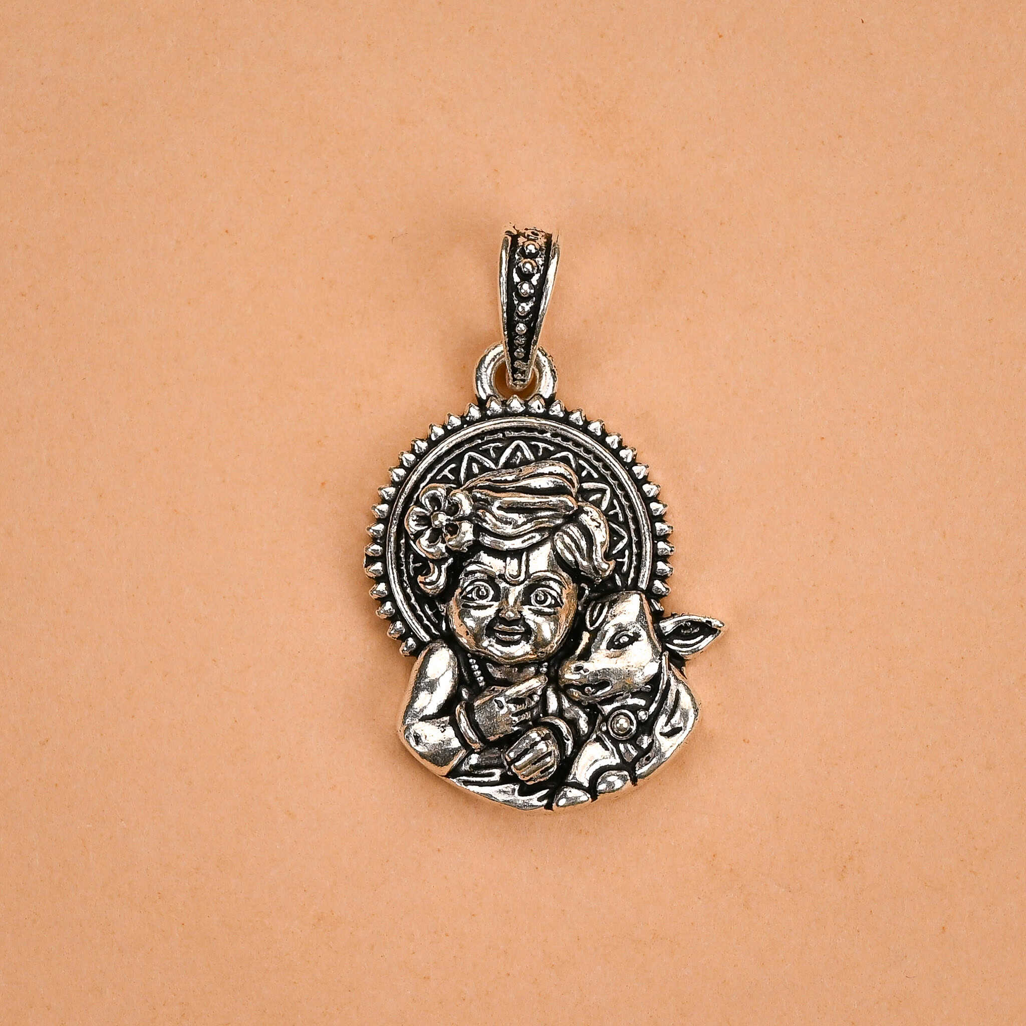 Lord Laddu Gopal with Calf Silver Pendant
