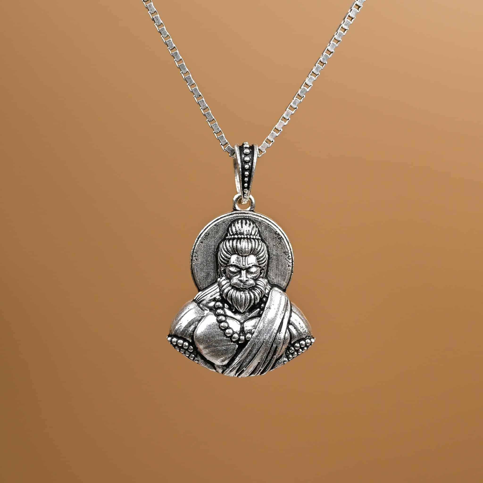 Peaceful Hanuman Ji Silver Pendant With Chain