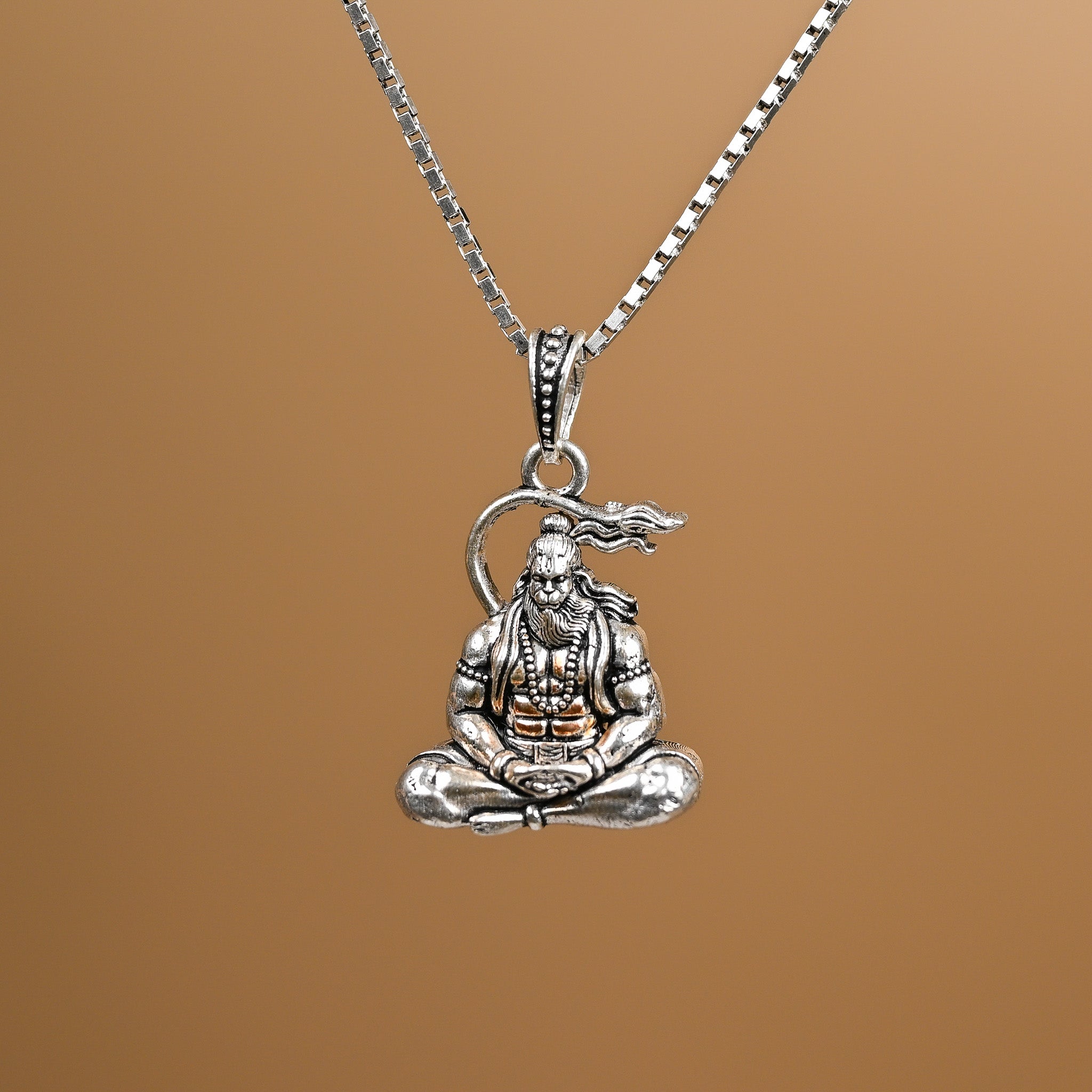 Divine Hanuman Ji Dhyan Silver Pendant With Chain