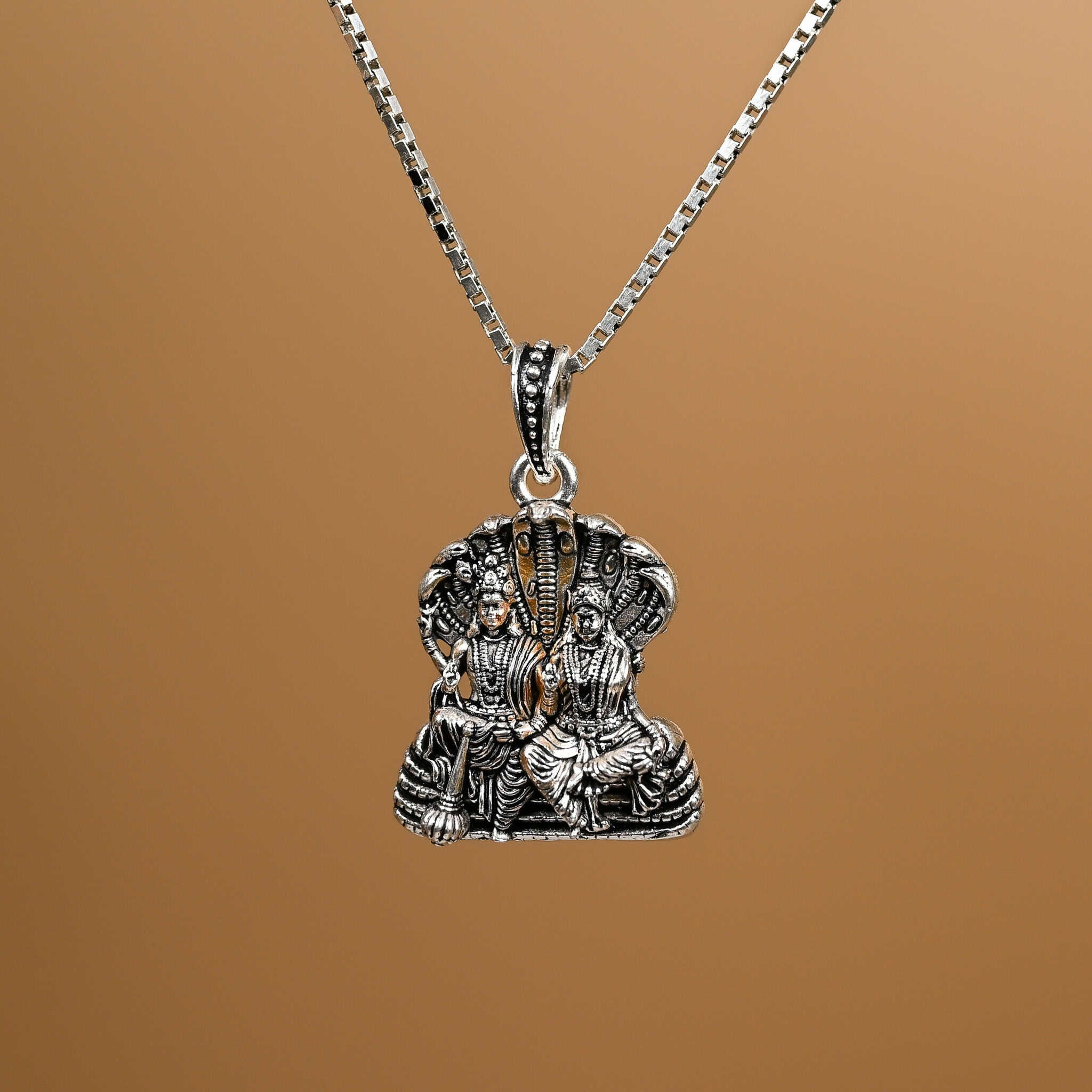 Lord Vishnu Goddess Laxmi Blessing Sterling Silver Pendant With Chain