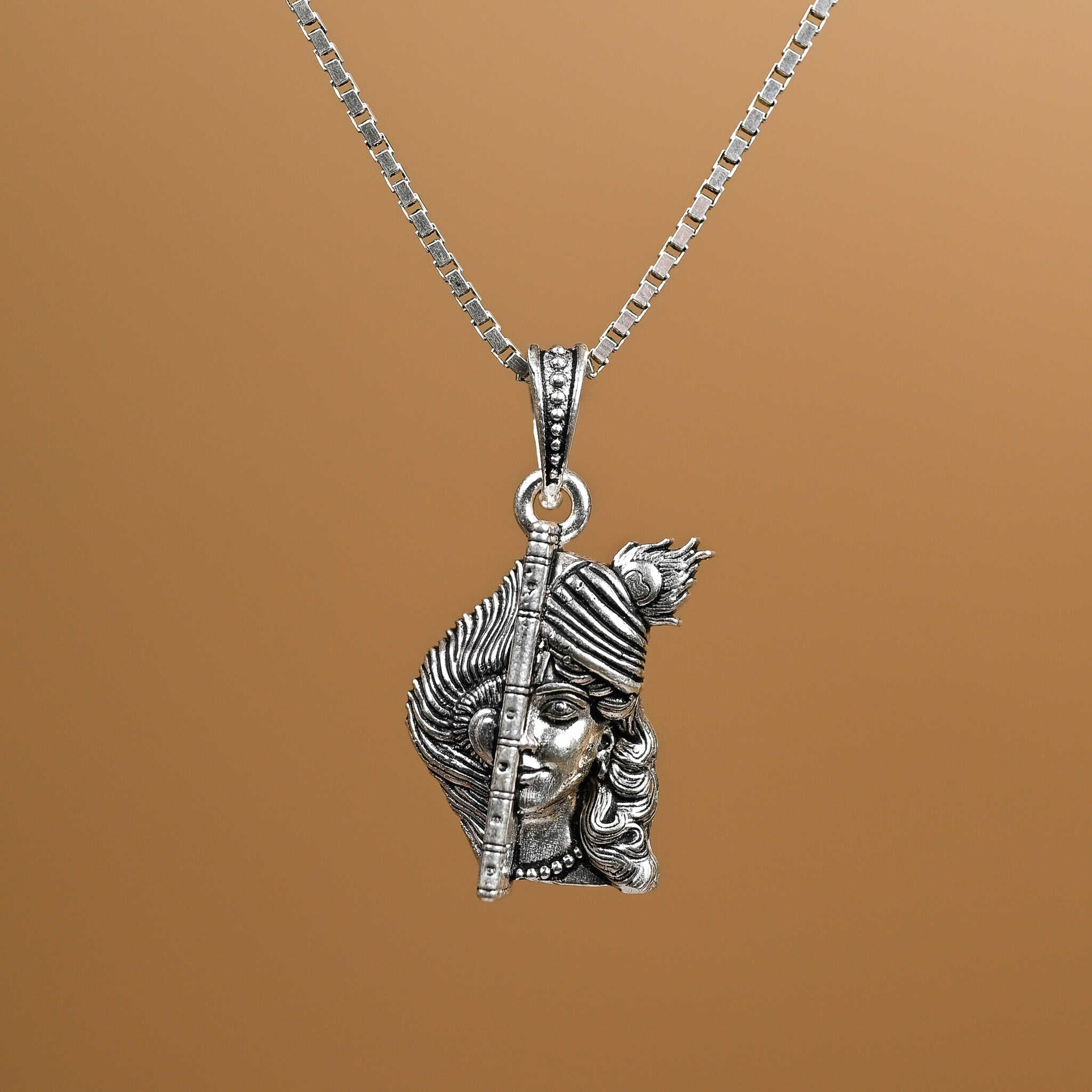 Shri Krishna with Bansi Sliver Pendant With Chain