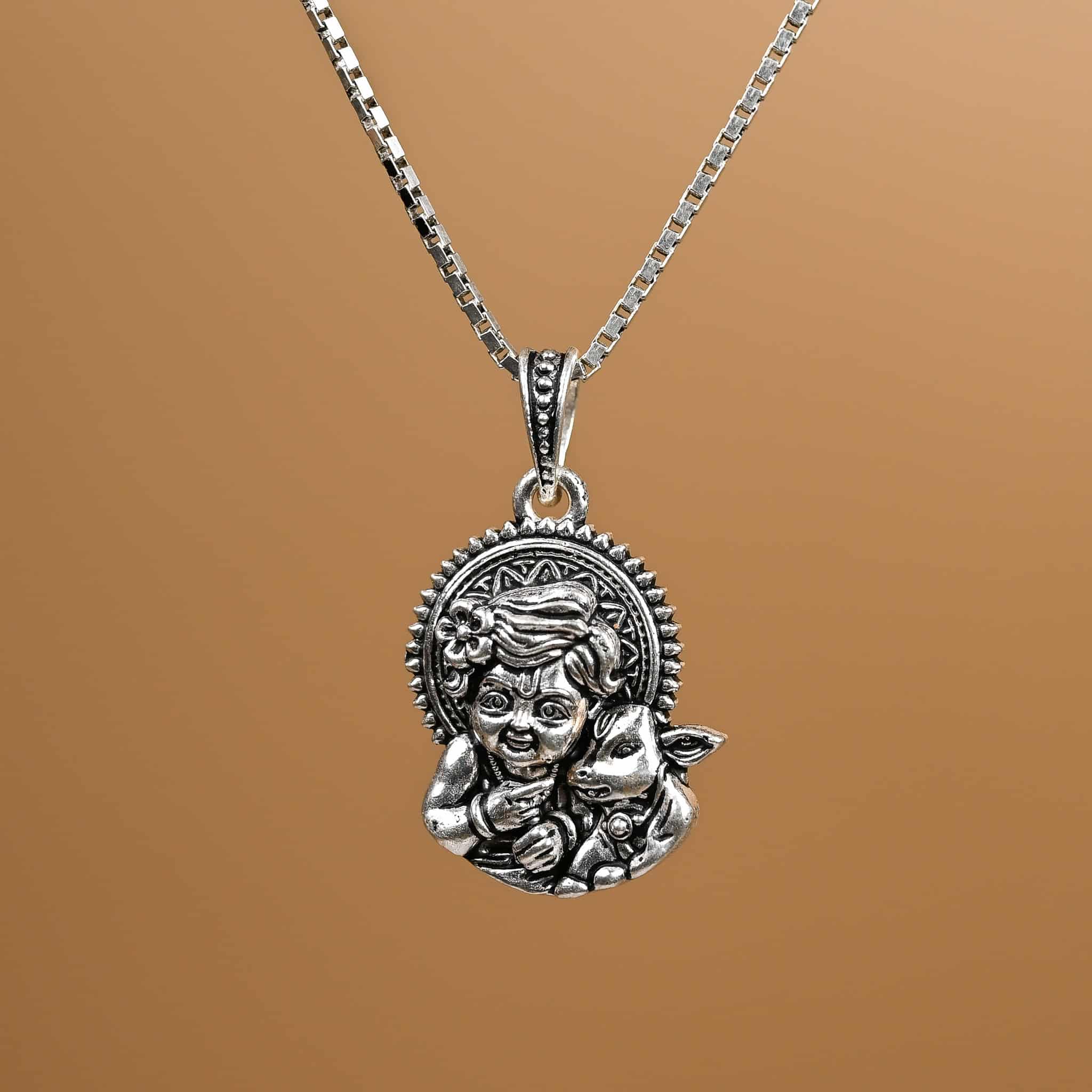 Laddu Gopal with Calf Silver Pendant With Chain