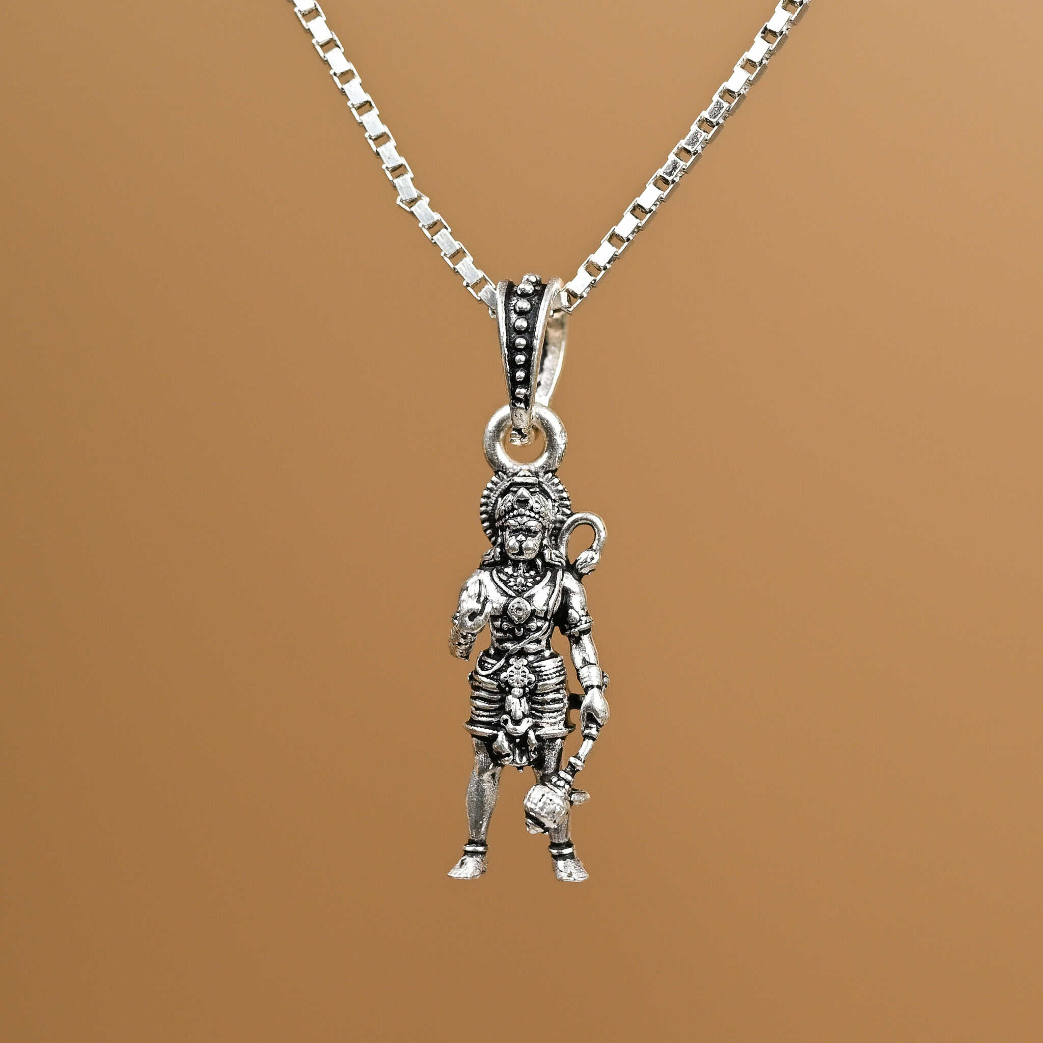 Lord Hanuman Standing Blessing Silver Pendant with chain