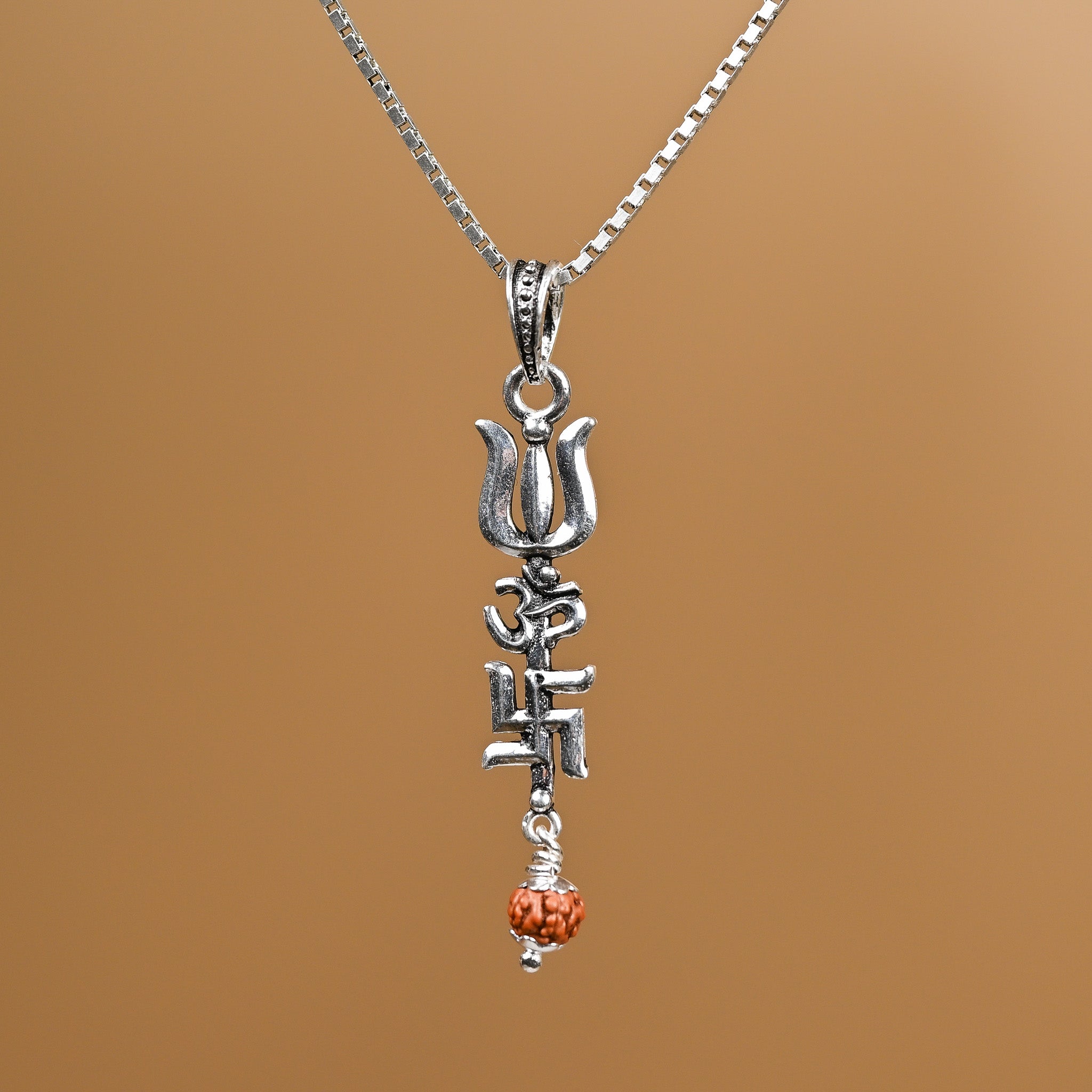 Trishul with Om and Swastik Silver Pendant