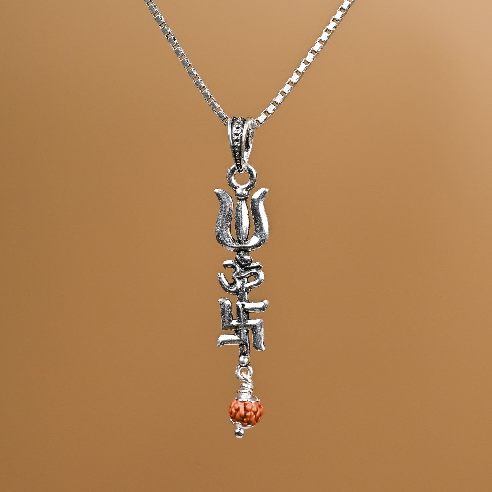 Trishul with Om and Swastik Silver Pendant