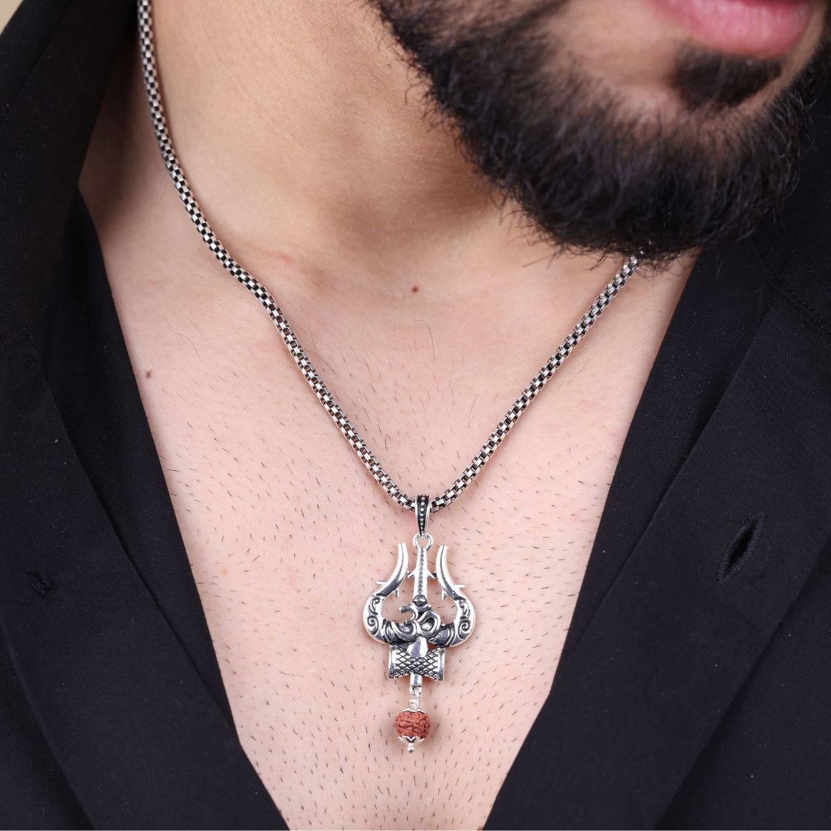 Authentic Om Trishul Mahakal Rudraksha Silver Pendant