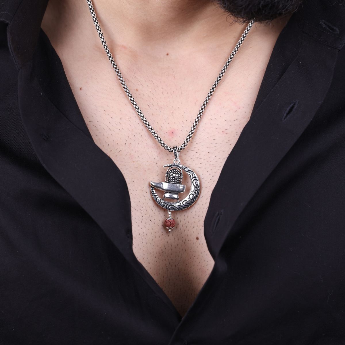 Shiva Trishul with Moon Rudraksha Silver Pendant