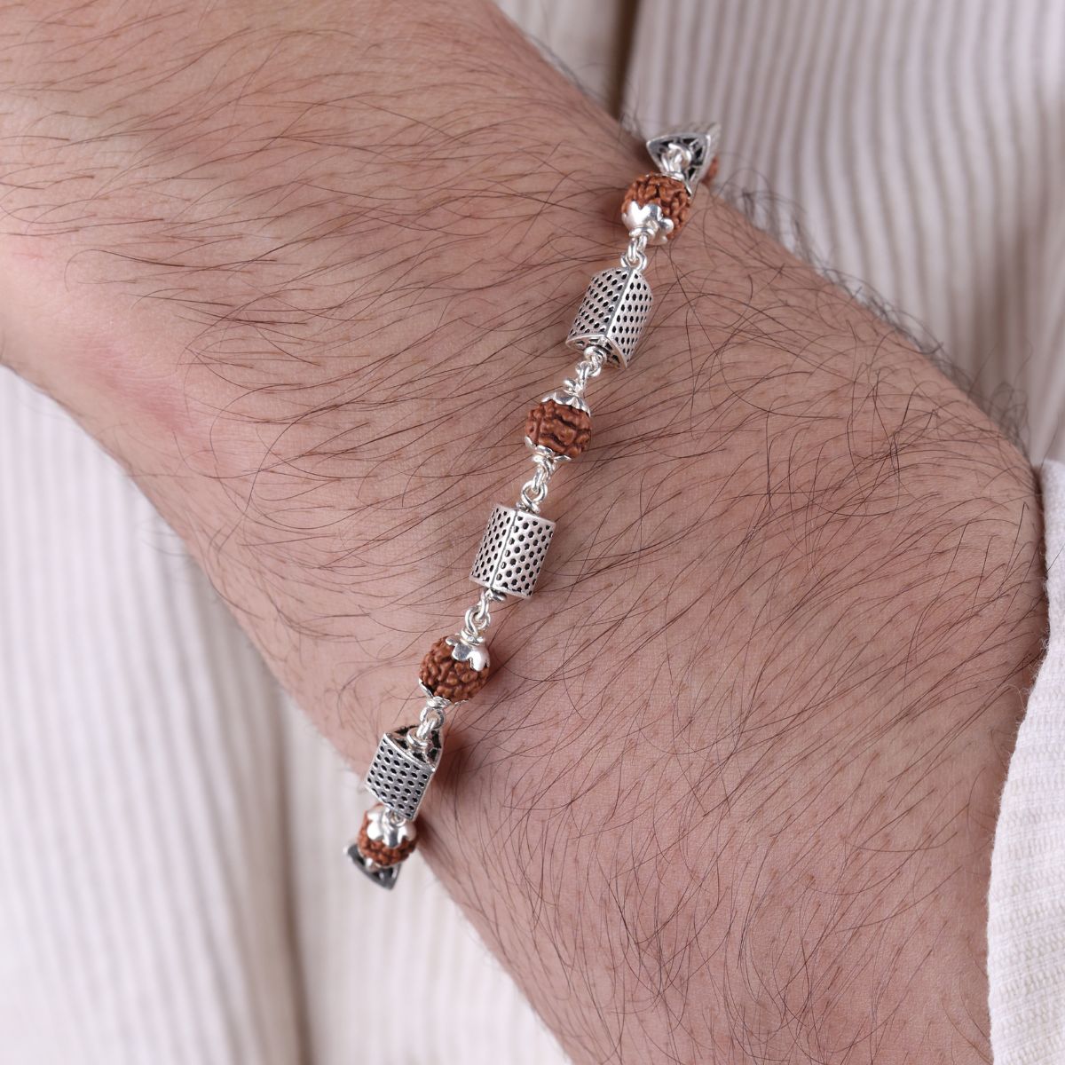 Original Rudraksha and Triangle Silver Beads Bracelet