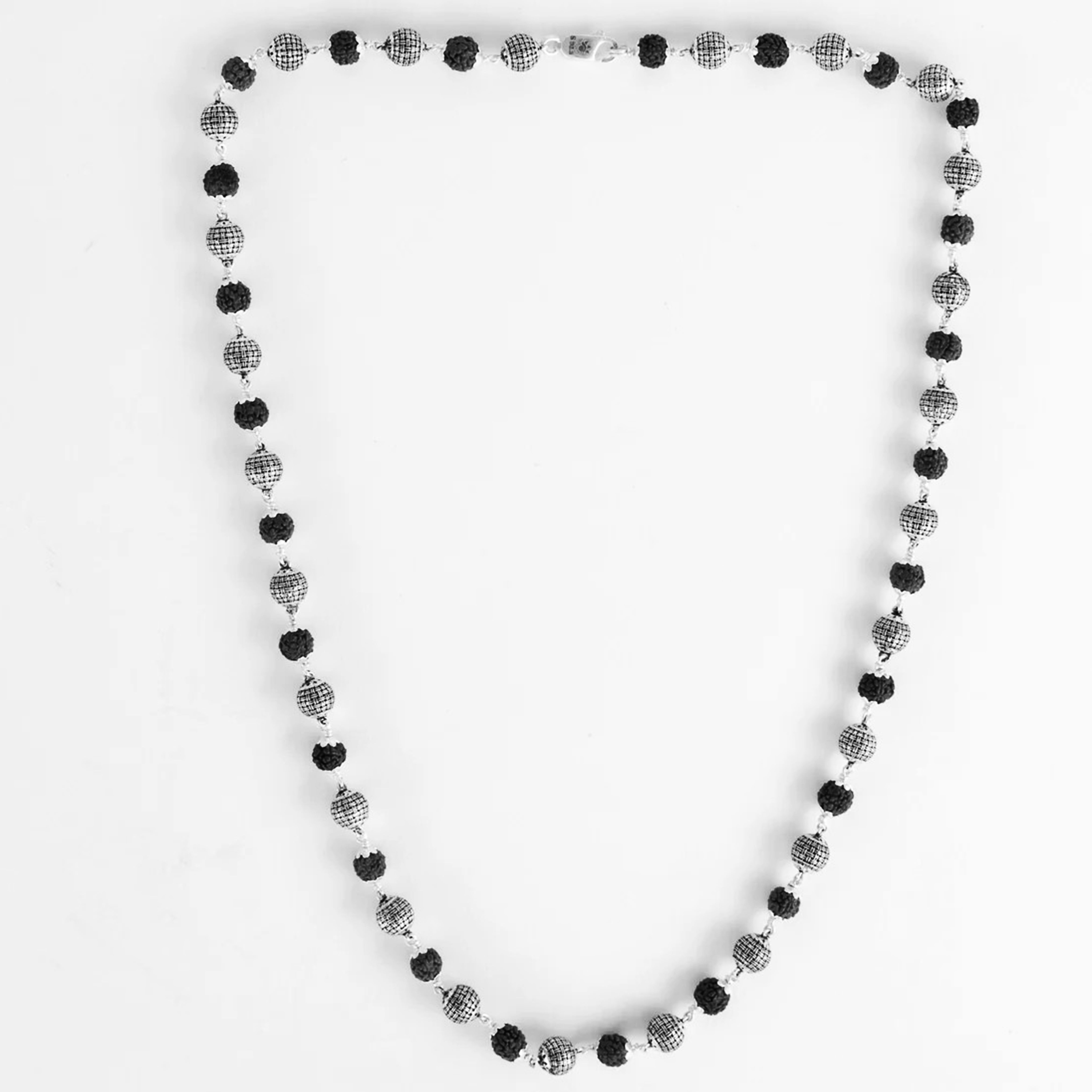 Spherical Beads black Rudraksha Silver Mala
