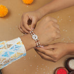 Authentic Silver Rakhi with Rudraksha and Om in the Middle, Double Line Design