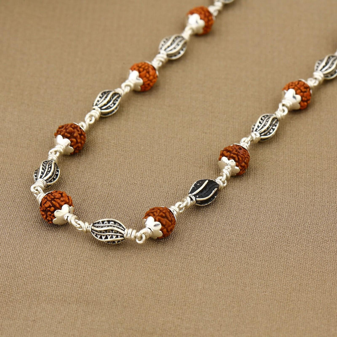 Rudraksha with Marquise Beads Silver Mala