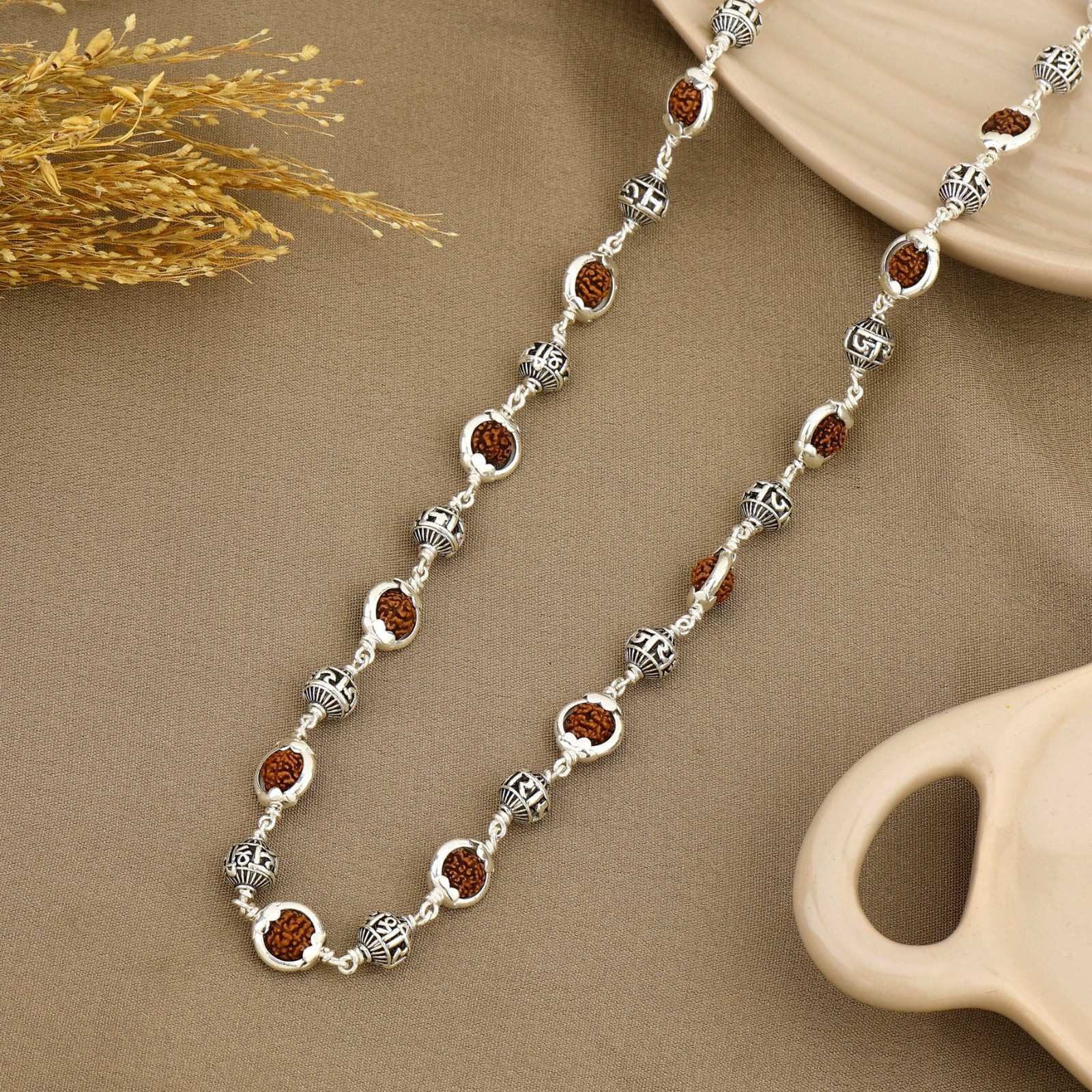 Rudraksha Capping With Jay Shree Ram Beads Silver Mala
