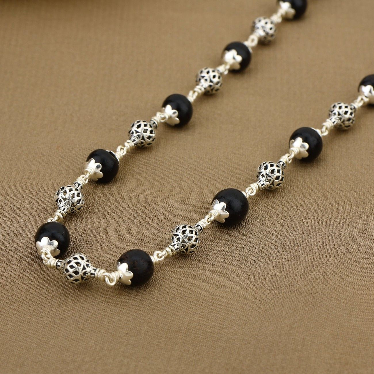 Karungali Silver Mala (Ornate Sphere Beads)