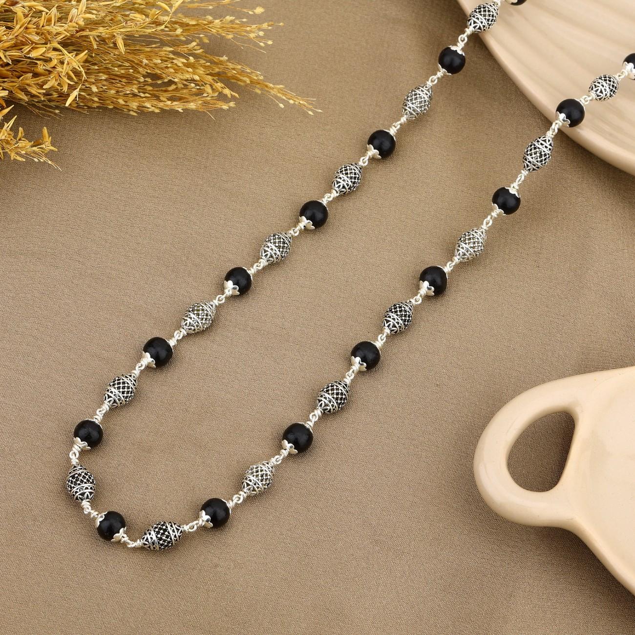 Premium 925 silver Karungali mala with decorative dome beads