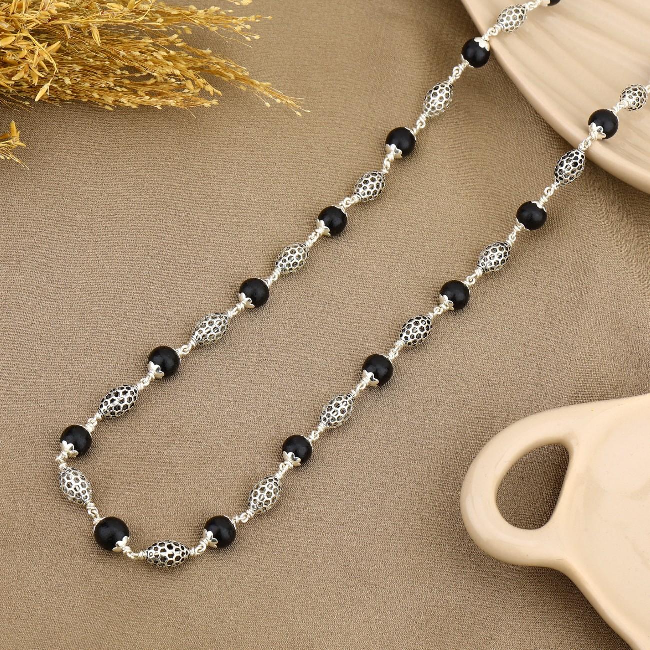 Karungali Silver Mala (Perforated Oval Beads)
