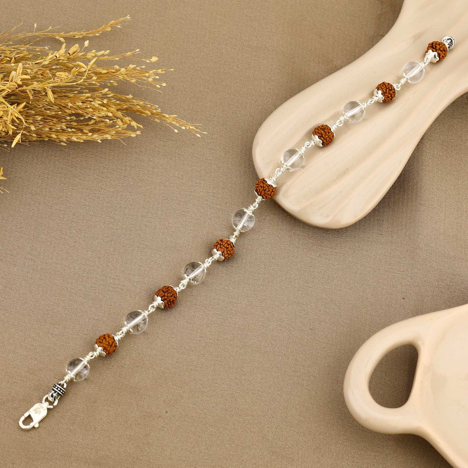 Rudraksha with Sphatik Beads Silver Bracelet