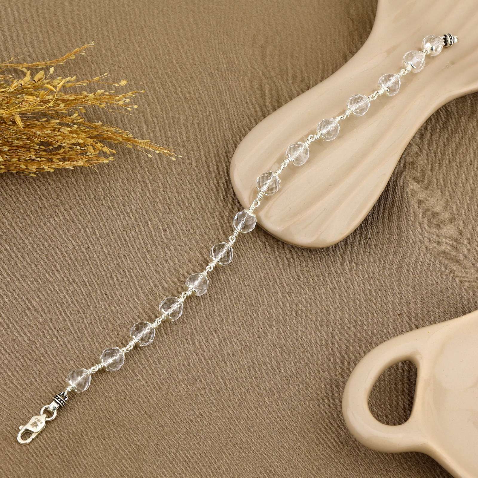 Sphatik Diamond Cut Beads Silver Bracelet