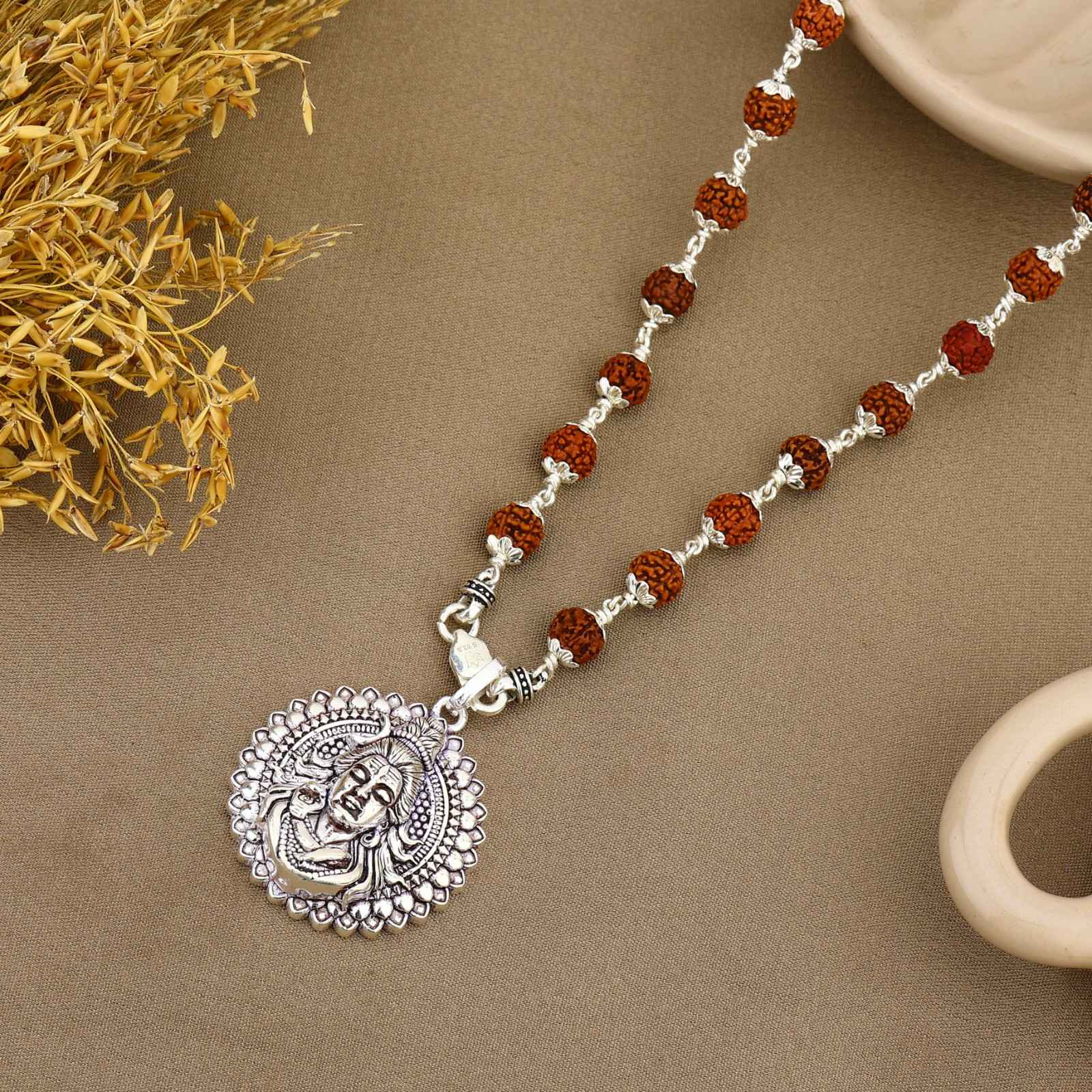 Lord Shankar Silver Pendant With Rudraksha Mala