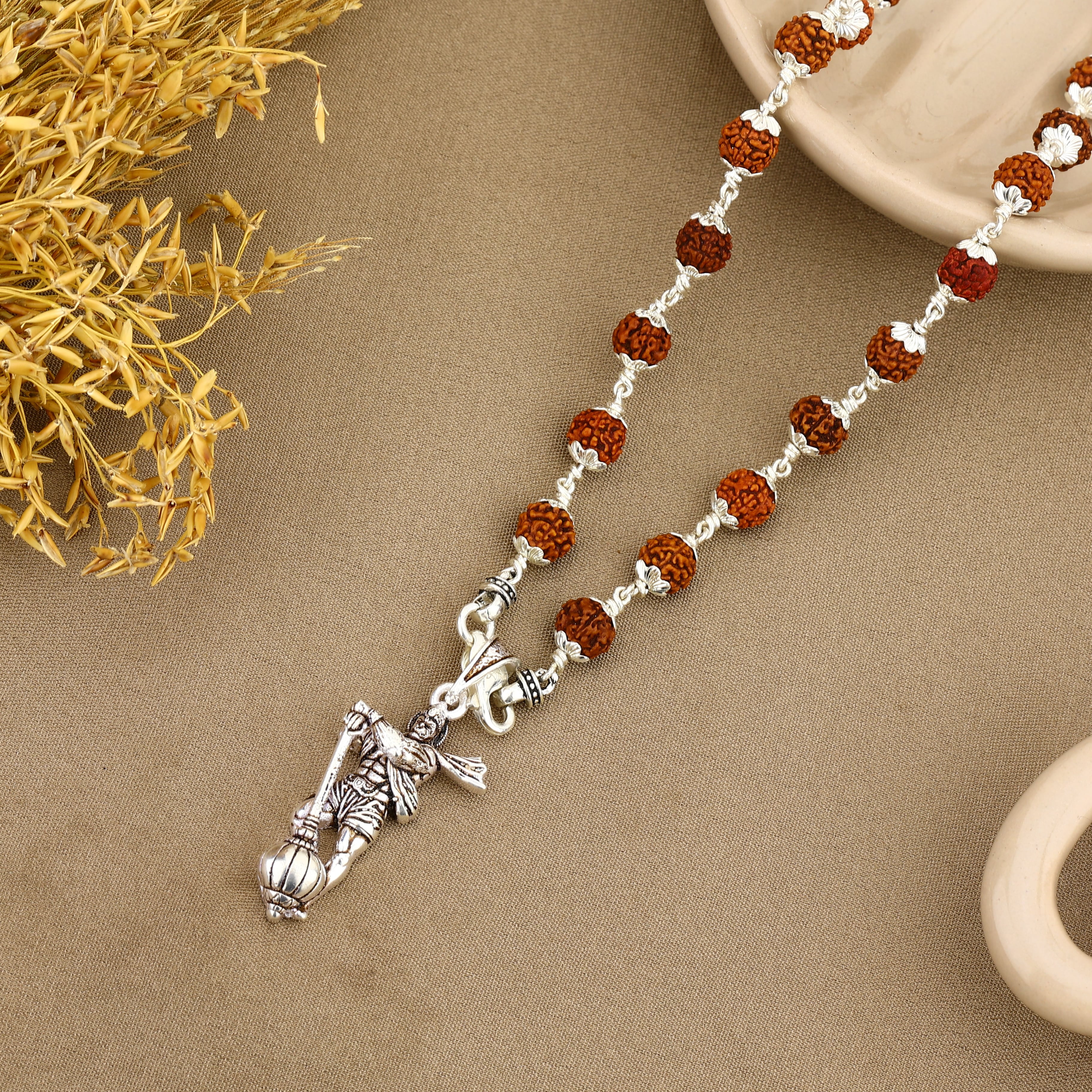 Lord Hanuman Silver Pendant with Rudraksha Beads