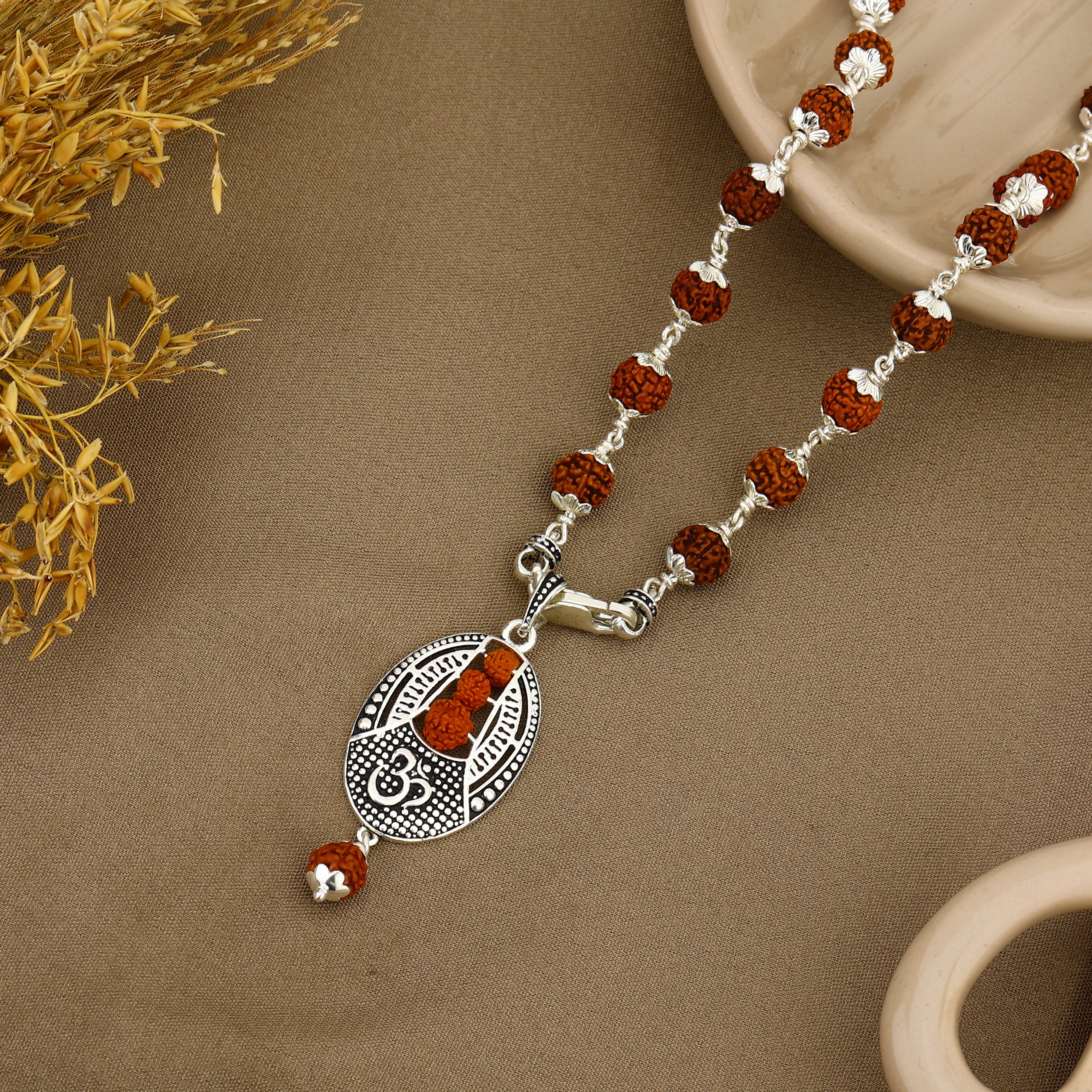 Om Rudraksha Beads Silver Pendant
