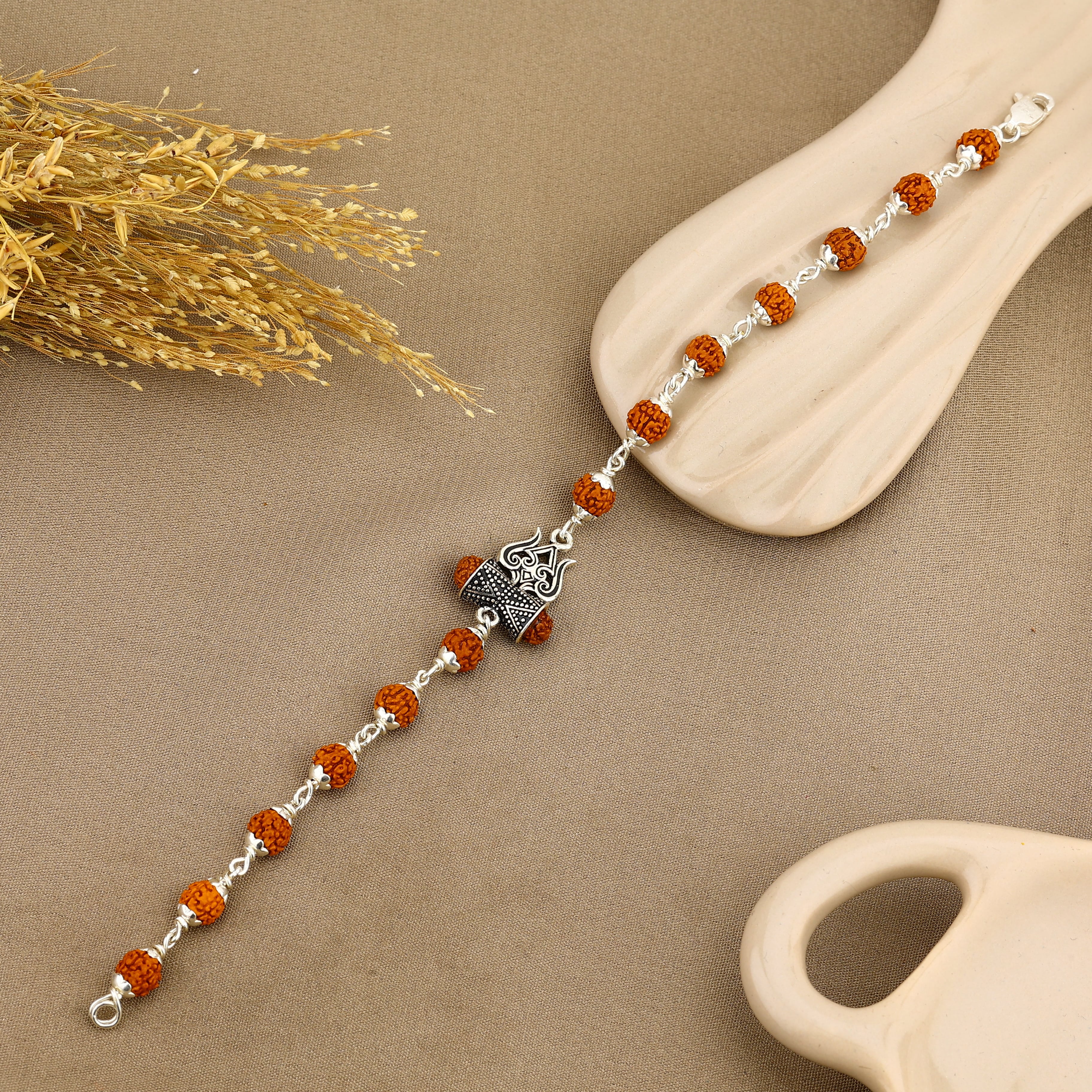 Authentic Rudraksha Silver Trishul Damru Bracelet