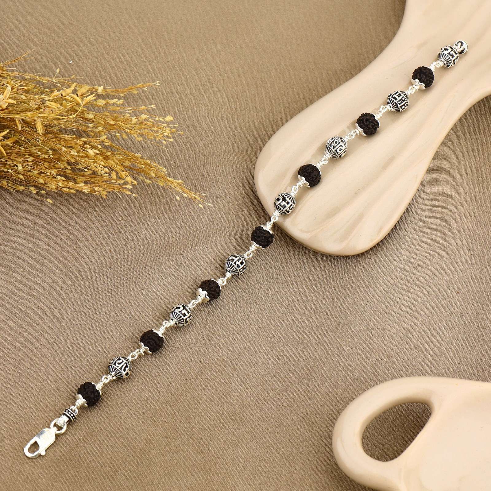 Original Black Rudraksha with Om Namah Shivay Silver Bracelet