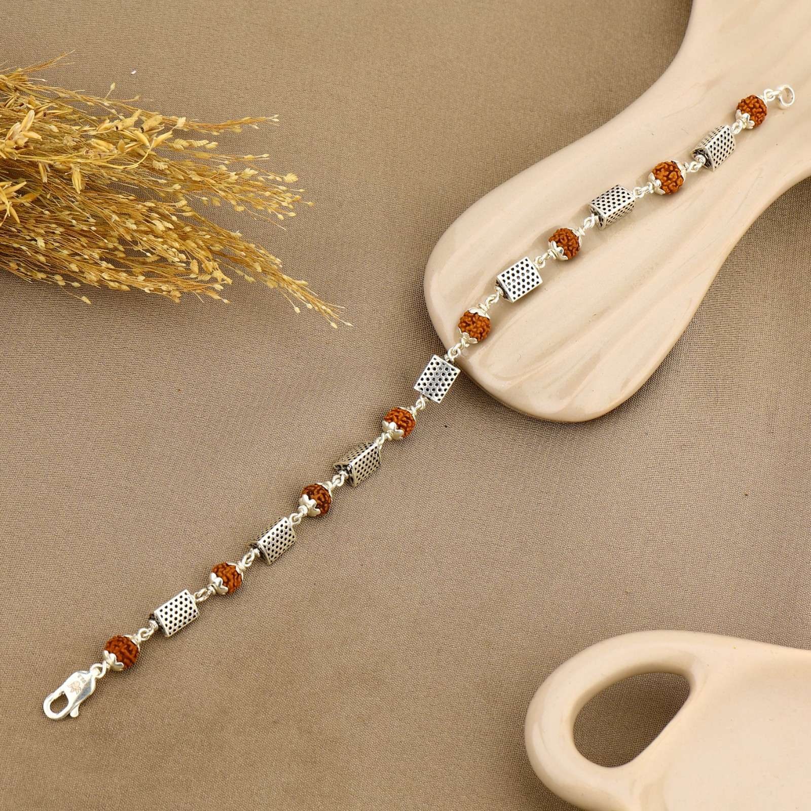 Authentic Rudraksha and Triangle Silver Beads Bracelet