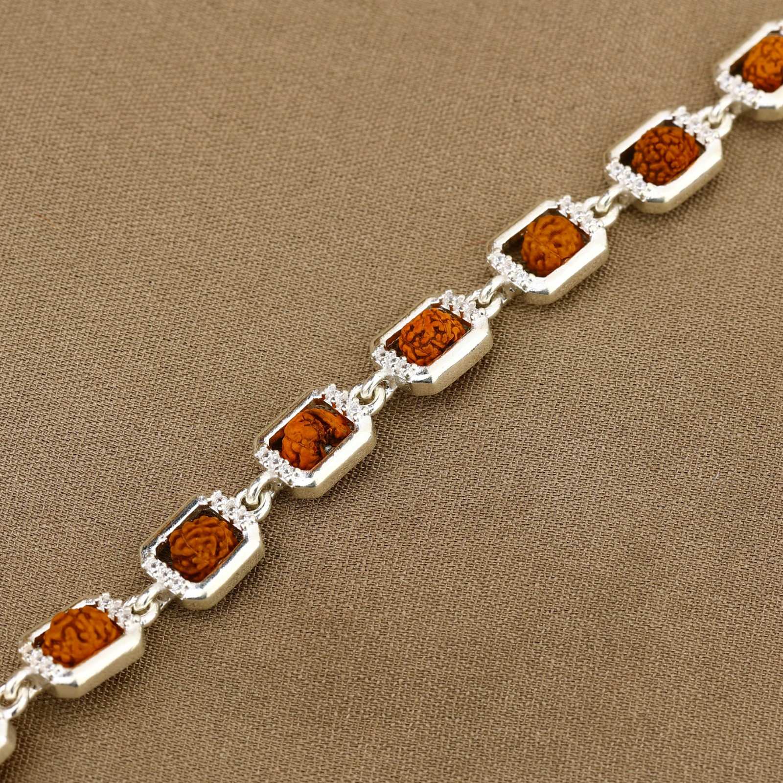 Rudraksha Silver Edged Square Link Bracelet