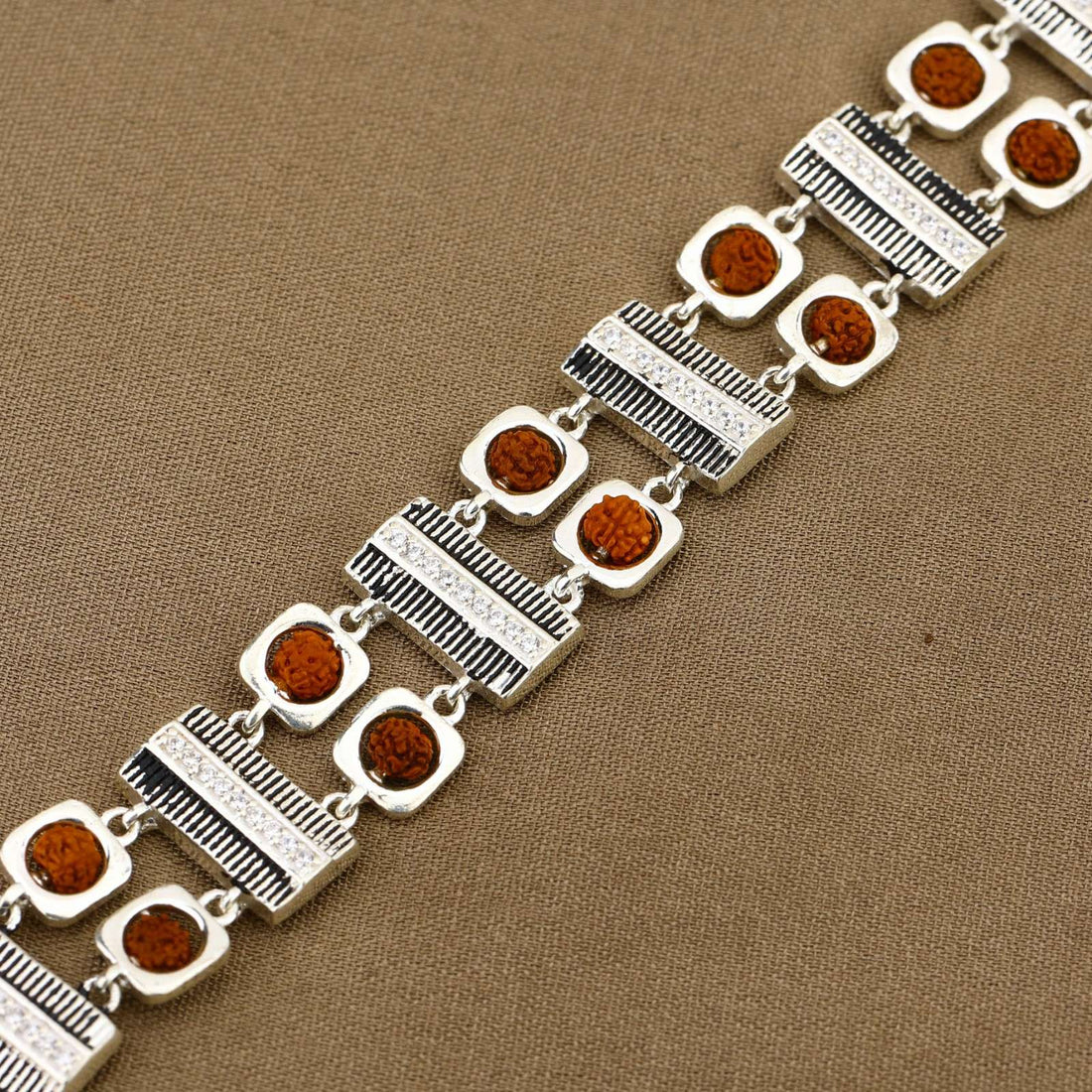 Rudraksha Silver Striped Bar and Square Bracelet
