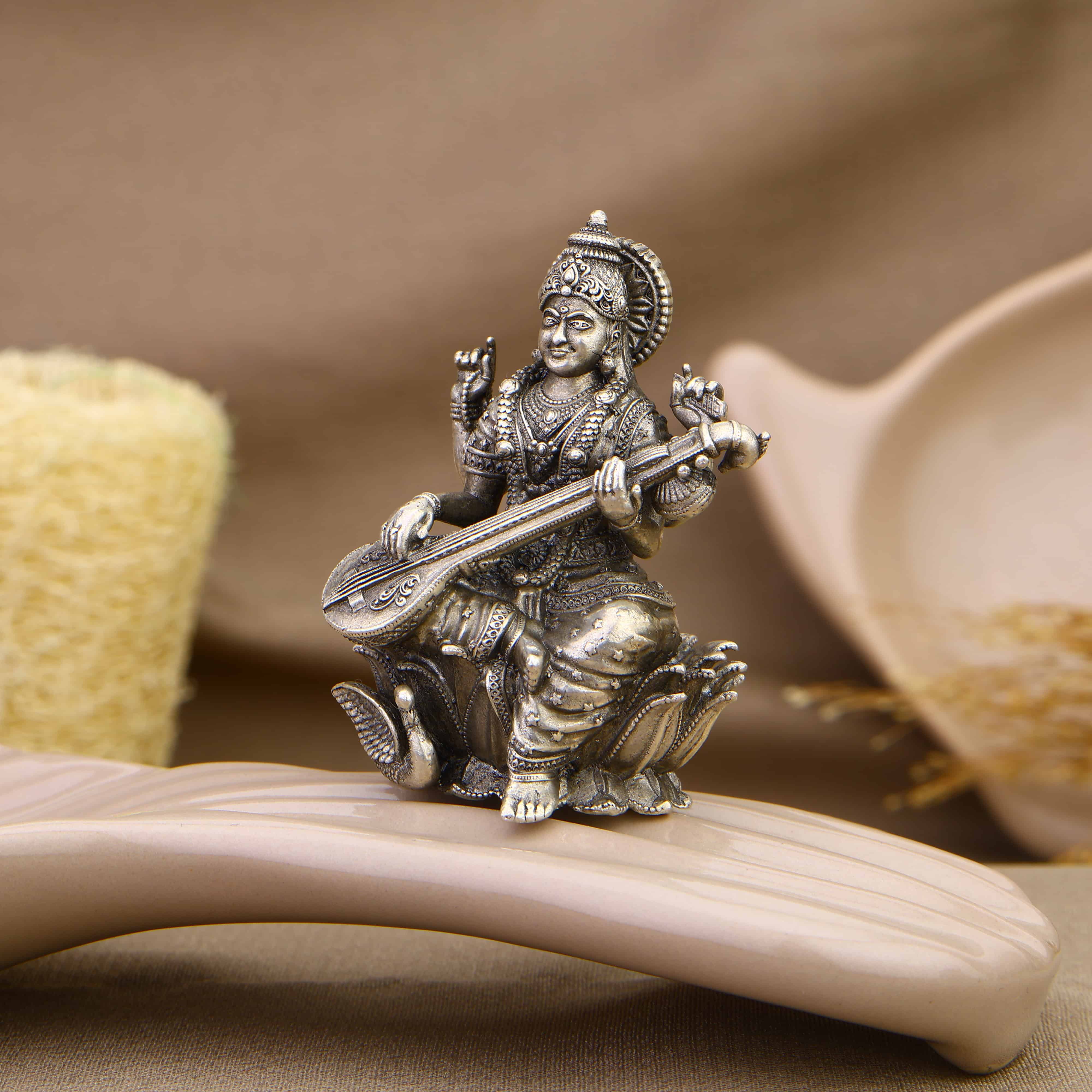 Authentic Goddess Saraswati Silver Idol