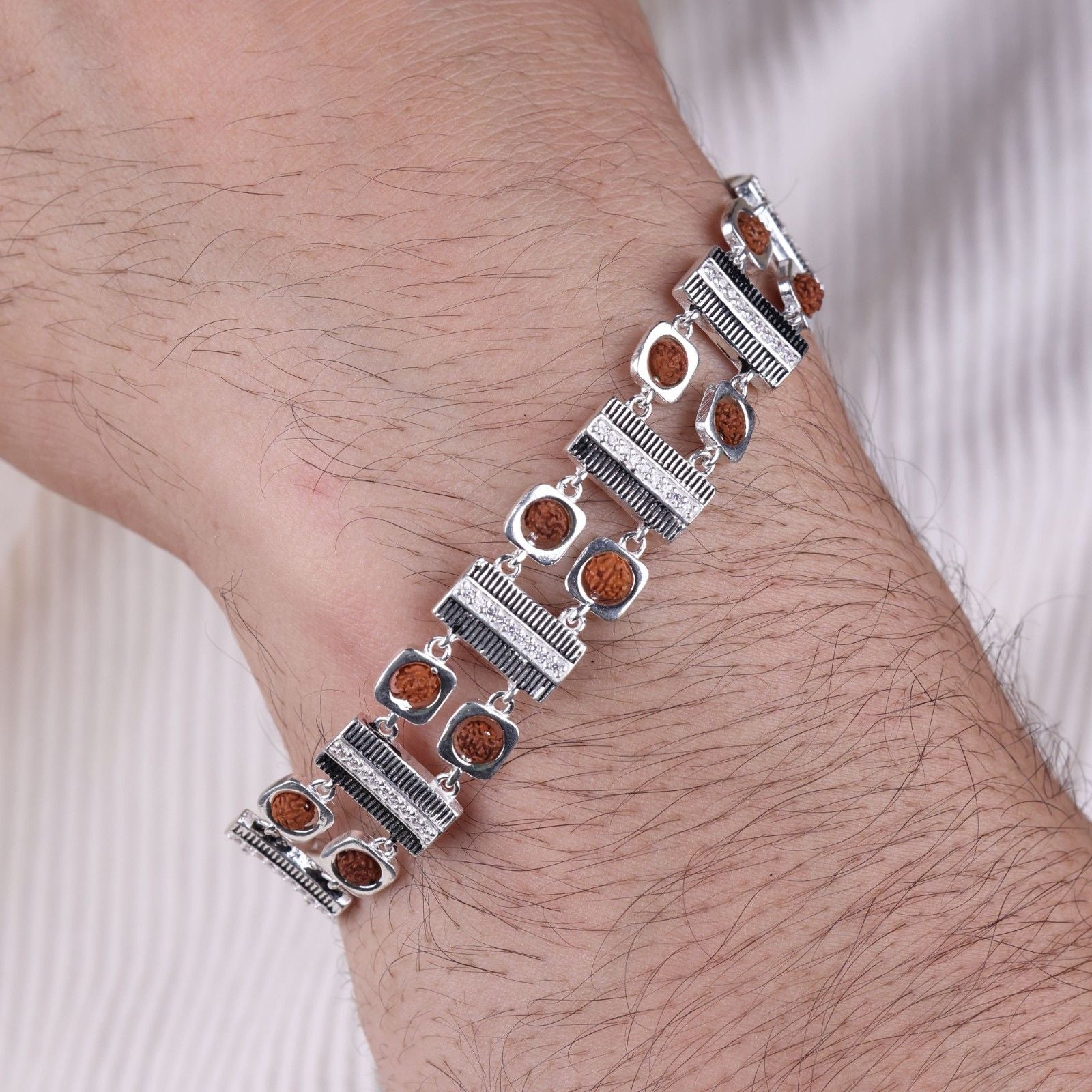 Rudraksha Silver Striped Bar and Square Bracelet