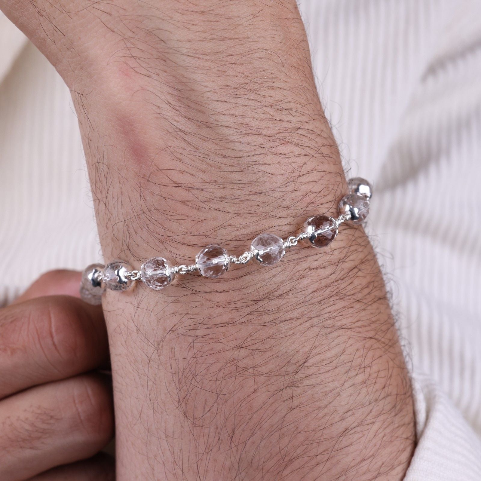 Sphatik Diamond Cut Beads Silver Bracelet