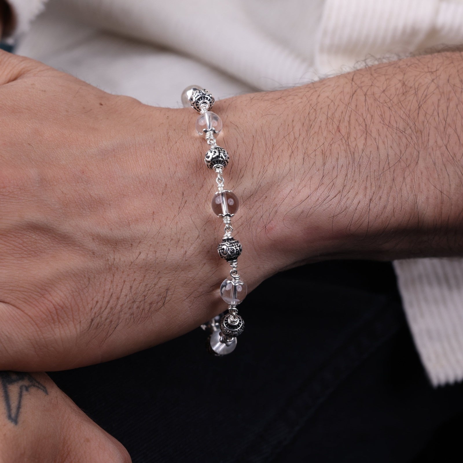 Sphatik with Om Silver Beads Bracelet