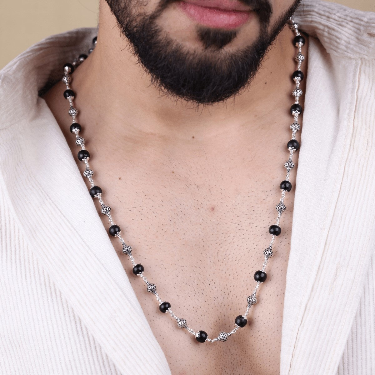 Karungali Silver Mala (Ornate Sphere Beads)