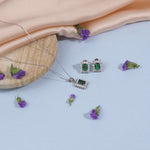 Silver Set Chain Rectangular Pendant with Earrings with Green Stones for Women