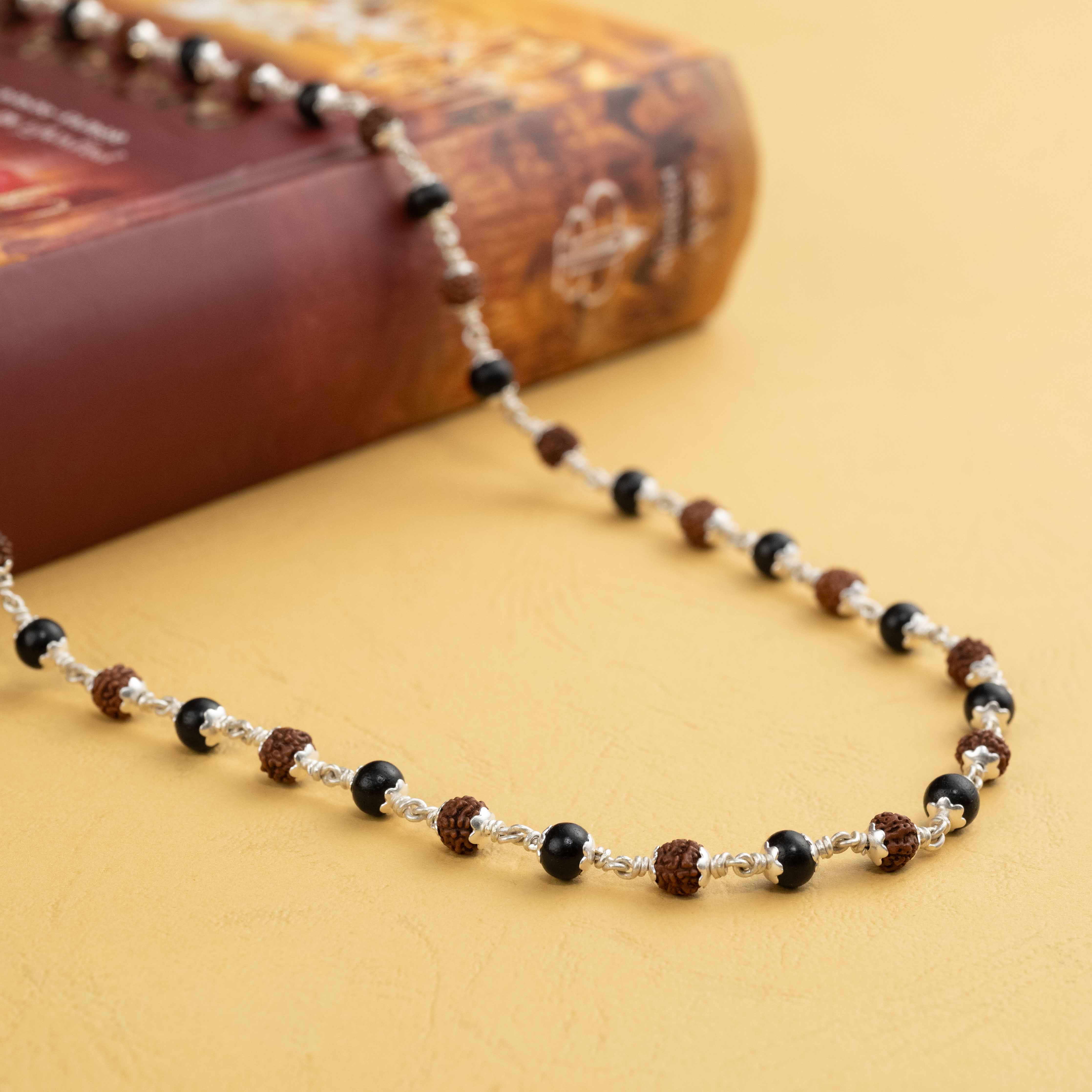5-6 mm Rudraksha with Karungali Beads Silver Mala